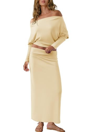 Yanekop Womens Skirt Sets 2 Piece Outfits Two Piece Lounge Sets Off The Shoulder Top and Maxi Skirt Beach Vacation Clothes(Light Yellow,S) | Amazon (US)