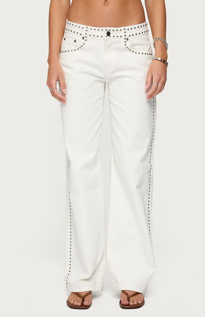 Edikted Women's Quincy Studded Low Rise Baggy Jeans in White - Size Medium | PacSun