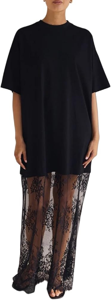 NUFIWI Women Short Sleeve Shirt Dress Crewneck Oversized Lace Maxi Dress Embroidered Lace Patchwo... | Amazon (US)