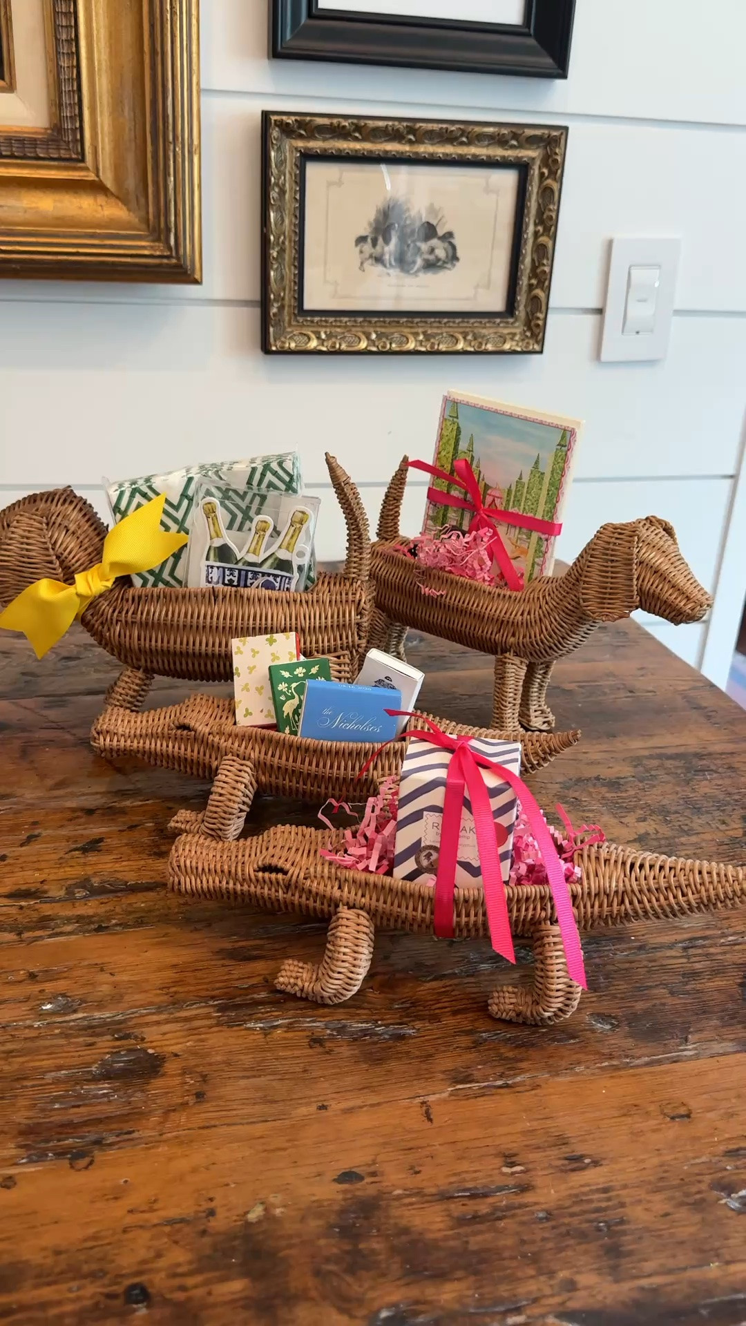Hostess gift suggestions - fill these great alligators and dogs with beverage napkins, notecards, candles, etc. This special surprise takes your gift up a notch.