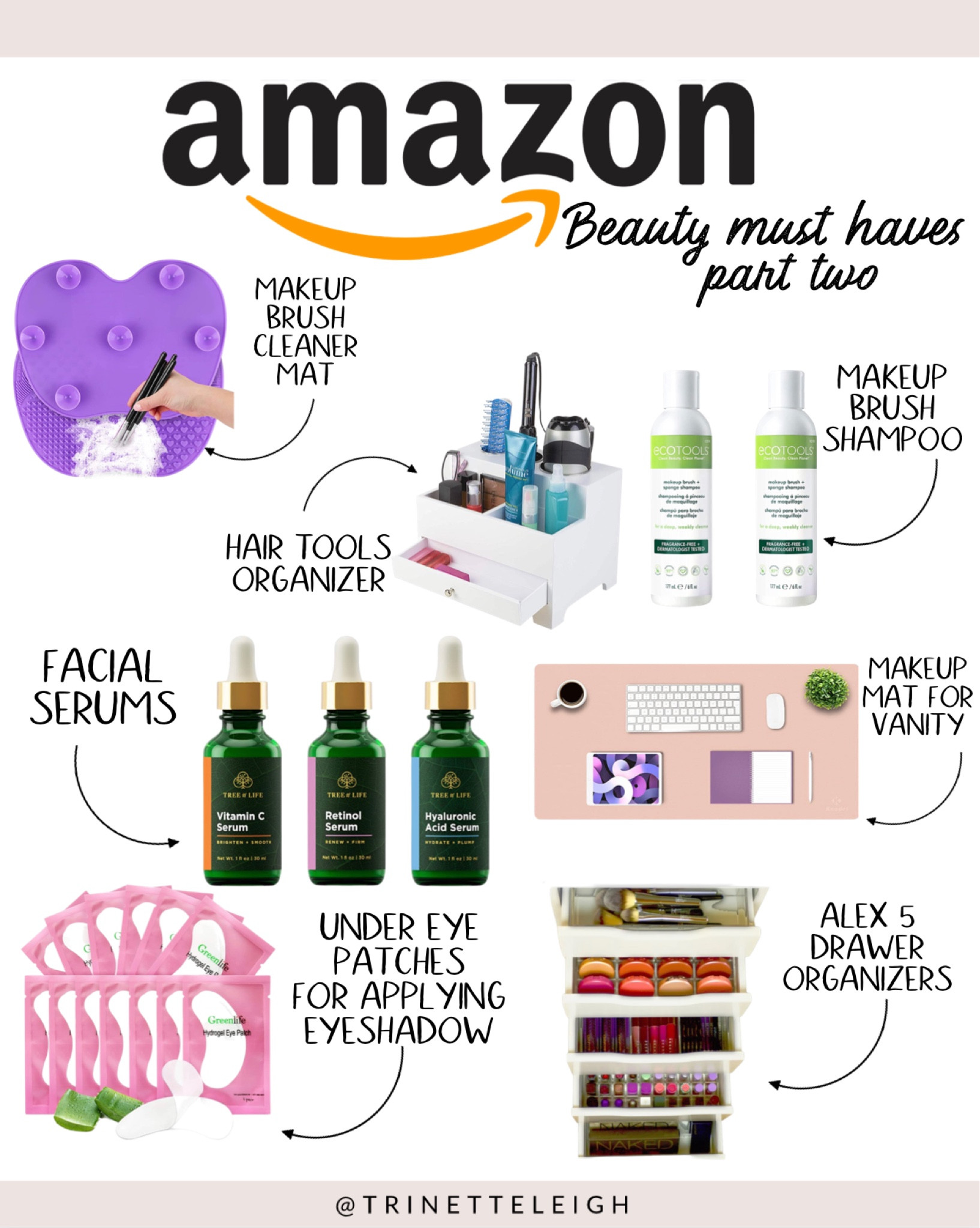Amazon beauty must haves part 2. Makeup brush cleaner mat. Makeup brush cleaner shampoo. Hot tools organizer. Makeup vanity mat. Facial serums. Skincare products. Under eye patches for applying eyeshadow. Alex 5 drawer organizers. 

#LTKhome #LTKbeauty #LTKunder50