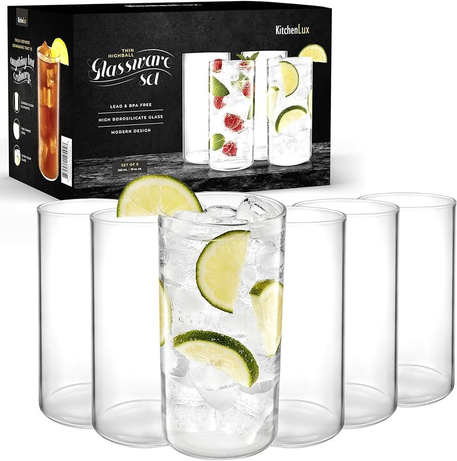 Thin Round Drinking Glasses Set of 6-19 oz Tall Water Glasses - Highball Glass Cups Set - Elegant... | Amazon (US)