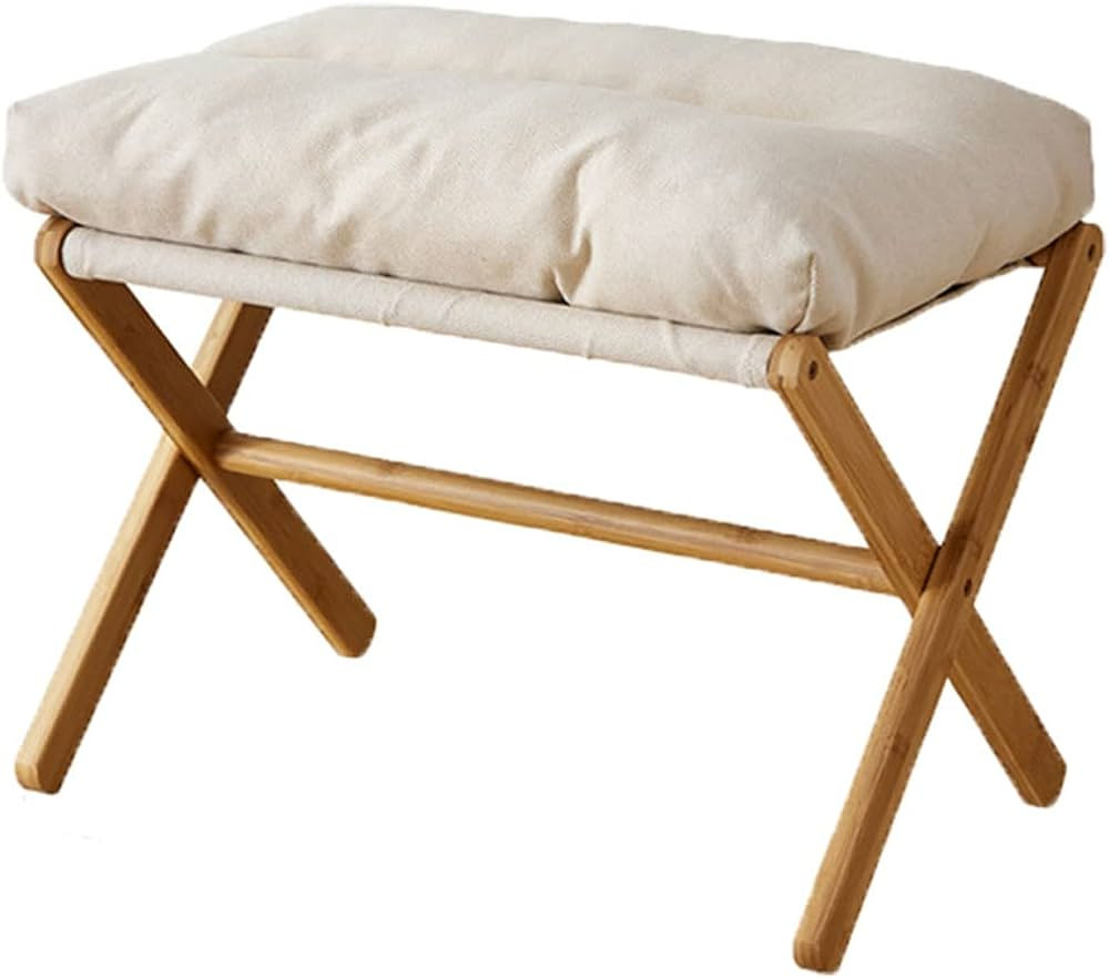 Folding Upholstered Footrest Stool, Small Accent Ottoman with Thick Cotton Cushion & Bamboo X Leg... | Amazon (US)