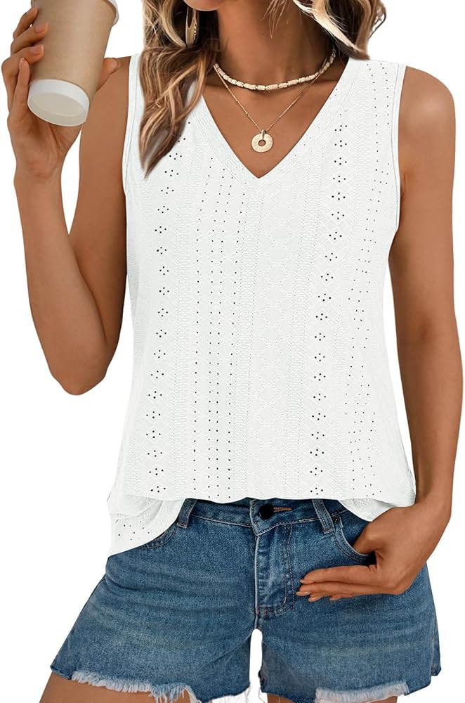 AUTOMET Women Summer Tank Top Eyelet Embroidery 2025 Vacation Sleeveless V Neck Loose Fit Shirt S... | Amazon (US)