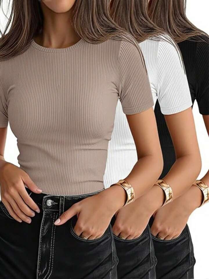 SHEIN 3pcs Women's Solid Crew Neck Short Sleeve Casual Slim Fit T-Shirt Set | SHEIN