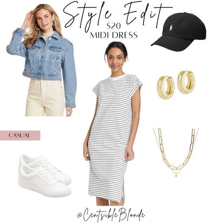 $20 midi dress
Black and white striped dress
Jean jacket
White sneakers 
Gold jewelry 
Black ballcap 
Casual outfit
Spring outfit 
Travel outfit 

#LTKshoecrush #LTKtravel #LTKfindsunder50