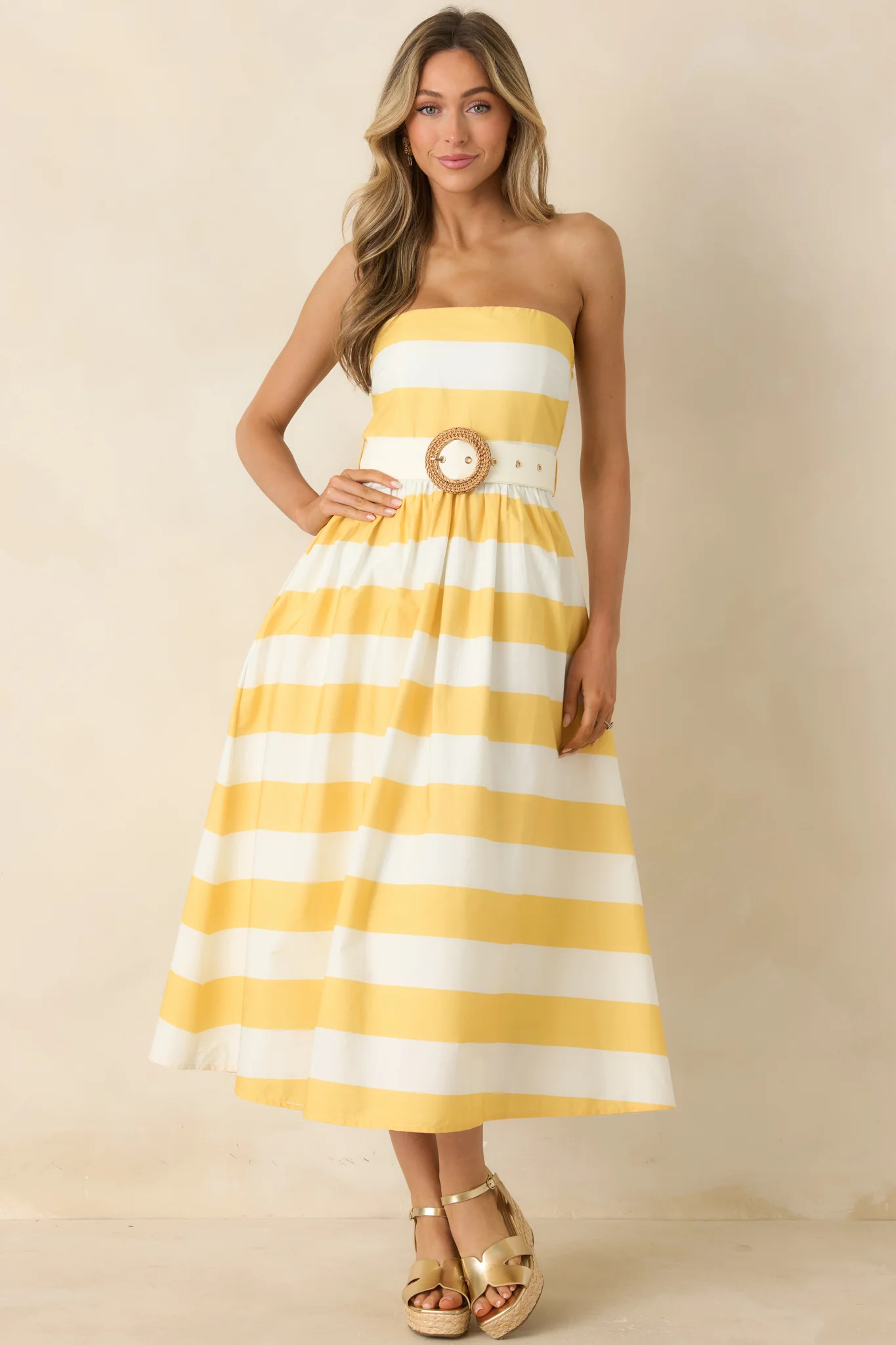 The Amanda Yellow & White Stripe Cotton Strapless Midi Dress | Red Dress