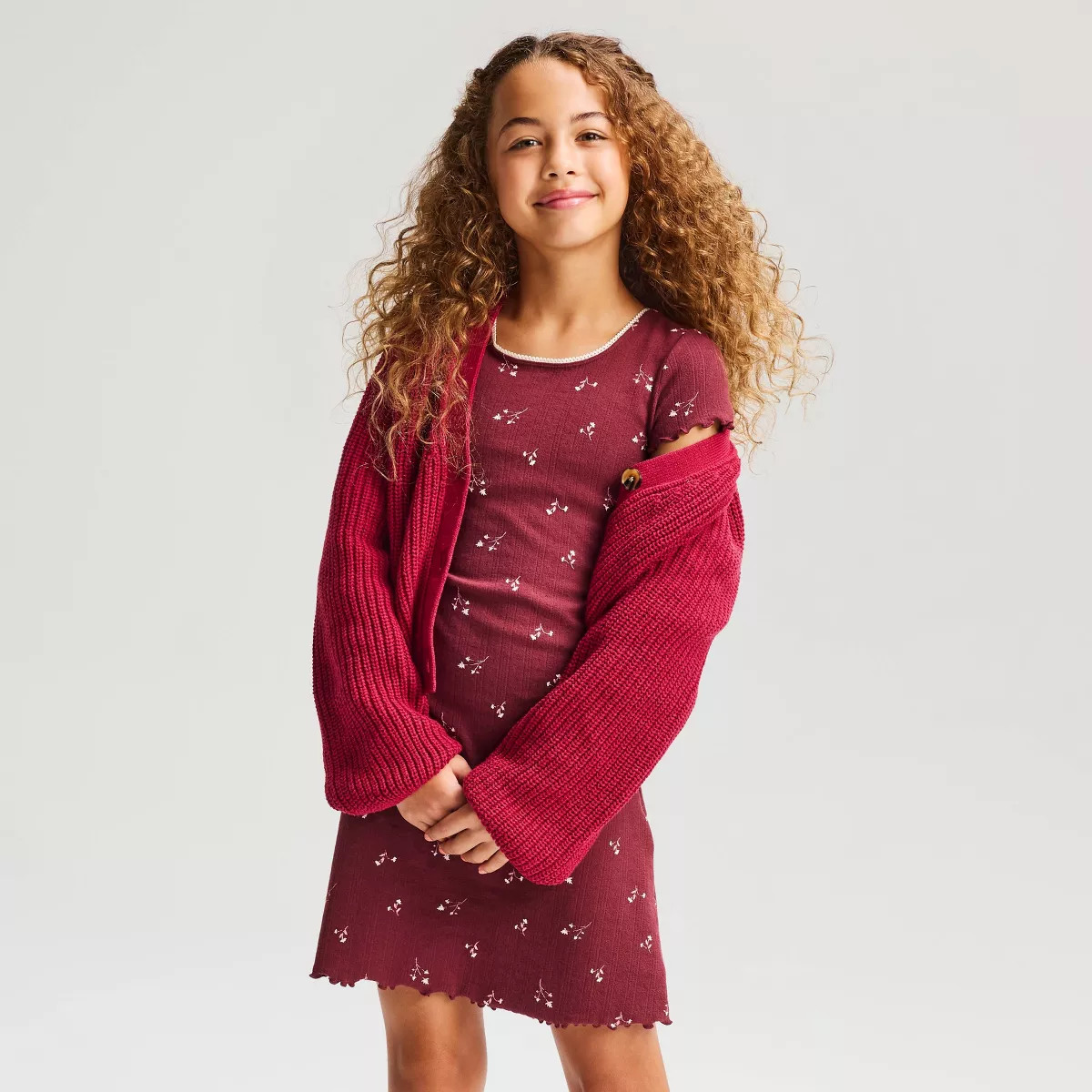 Girls' Short Sleeve Ribbed Floral Dress - Cat & Jack\u2122 Dark Red XS | Target