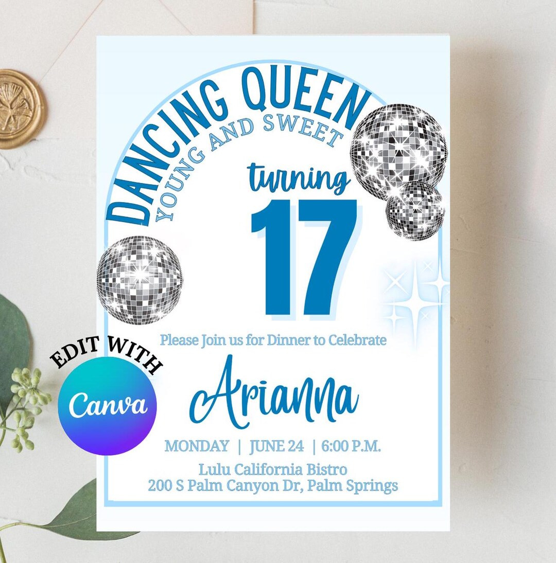 Dancing Queen 17 Birthday Editable Invite, Mama Mia 17 Birthday Invitation, Disco Mama Mia Blue, ... | Etsy (US)