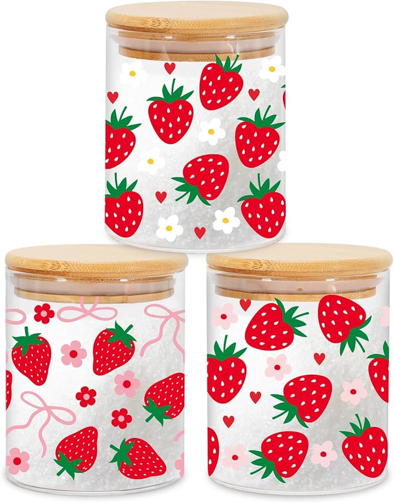 3Pcs Strawberry Bow Glass Storage Jars with Airtight Lid Summer Floral Daisy Pink Bow Red Heart D... | Amazon (US)