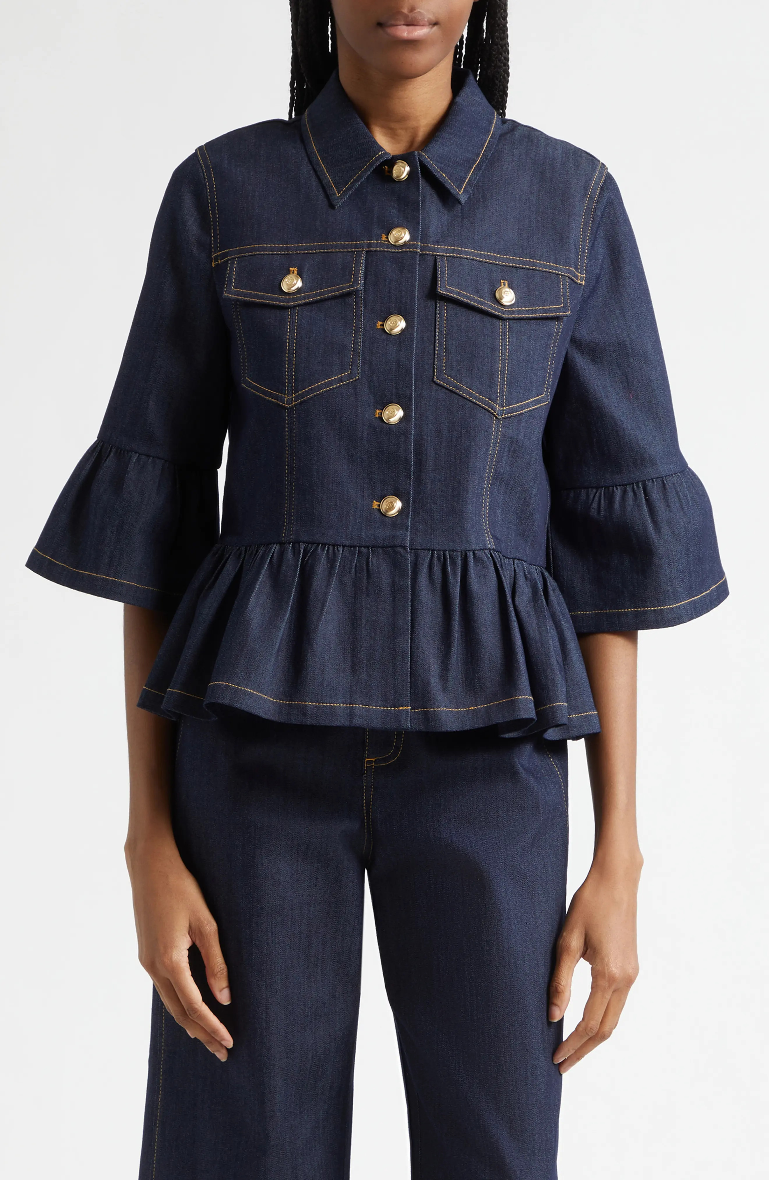 Cinq à Sept Mandie Denim Peplum Shirt Jacket in Indigo at Nordstrom, Size Xx-Small | Nordstrom