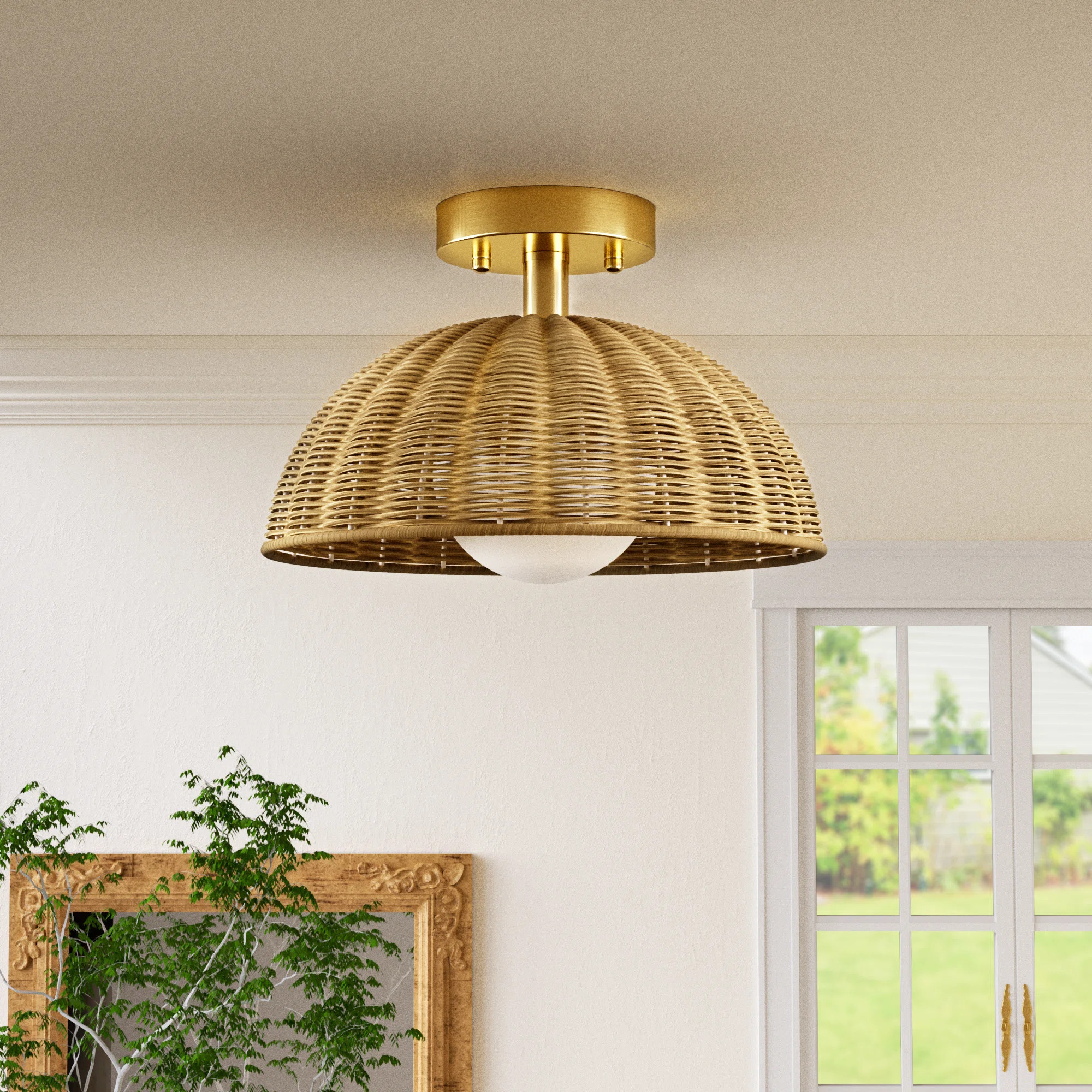 Bijolle 12'' 1 Light Farmhouse Rattan Plait Dome Semi Flush Mount Lighting For Living Room/Bedroo... | Wayfair North America