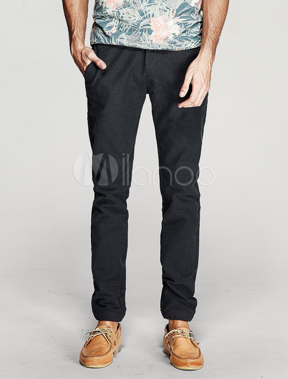 Men's Black Pants Cotton Slim Pants | Milanoo