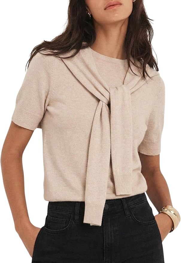 EsheSy Women's Shawl Knit Top Crewneck Short Sleeves Cropped Pullover Trendy Casual Easy to Match... | Amazon (US)