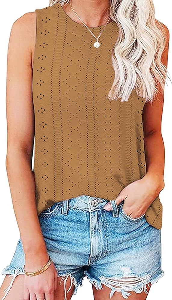 Bluetime Womens Tank Tops Eyelet Embroidery Summer Sleeveless Tops High Neck Loose Casual Flowy S... | Amazon (US)