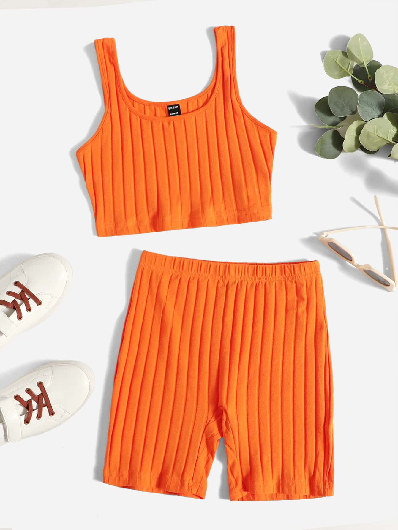 SHEIN PETITE Neon Orange Rib-knit Crop Tank Top & Biker Shorts Set | SHEIN
