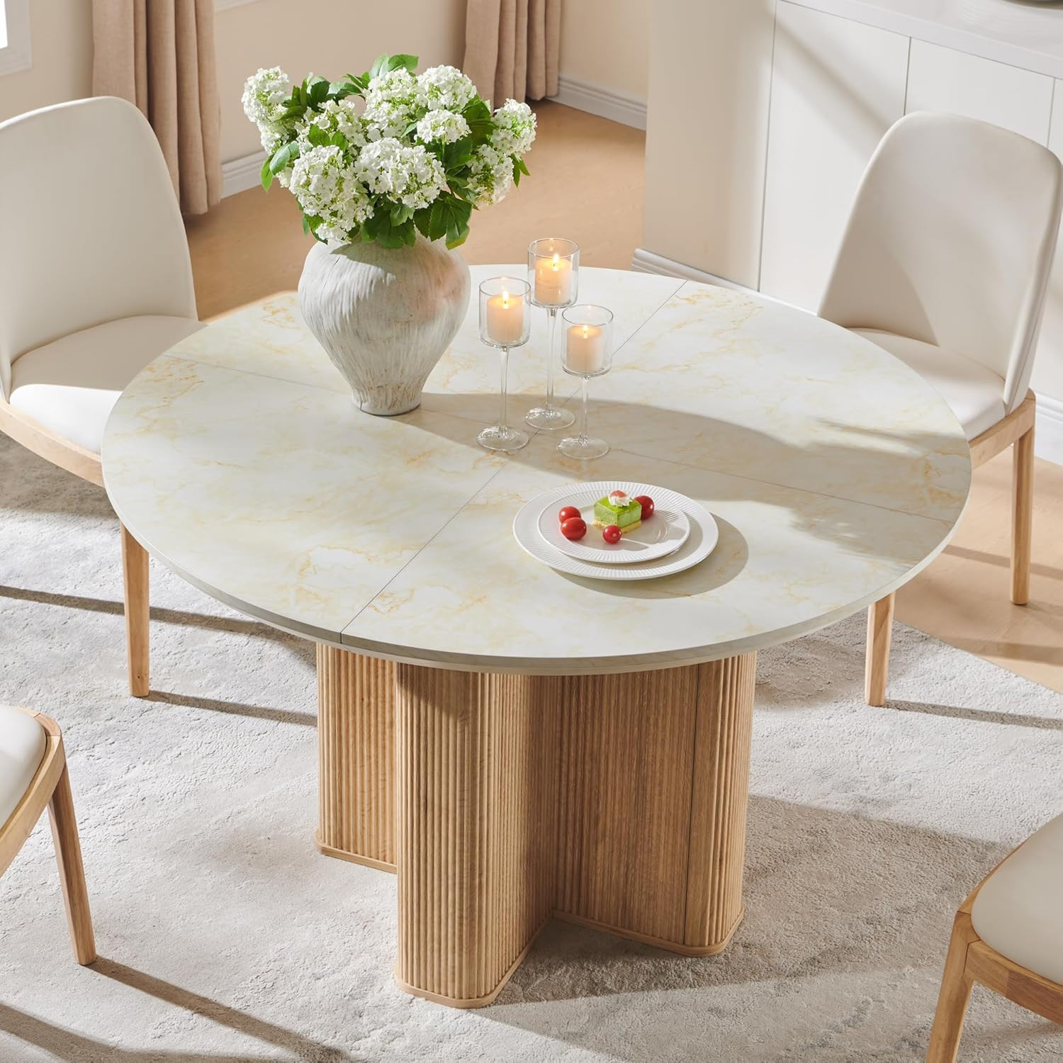 T4TREAM 47" Fluted Round Dining Table for 4, Mid-Century Modern Kitchen Table with Thickened Edge & Sturdy Pedestal Base for Kitchen Living Room, Natural Oak&Faux Marble | Amazon (US)