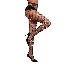 LUCKELF Sexy High Waist Tights Sparkle Rhinestone Fishnets Party Rhinestone Mesh Stockings | Amazon (US)