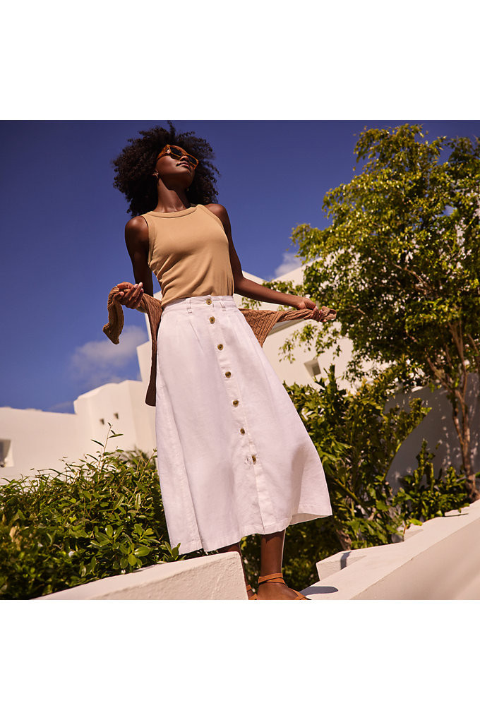 Women's Button Front Linen Midi Skirt - Lands' End - White - 16 | Lands' End (US)