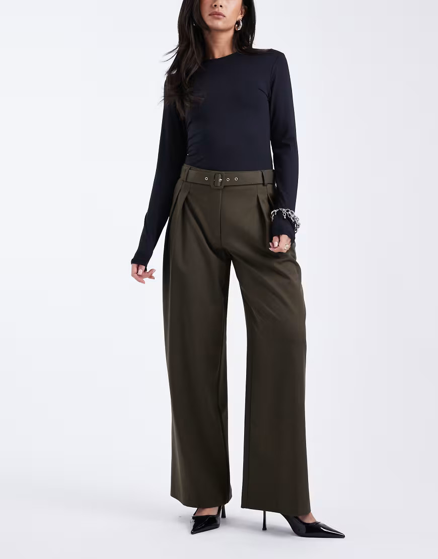 ASOS DESIGN tailored low belted wide leg pants in olive-Green | ASOS (Global)