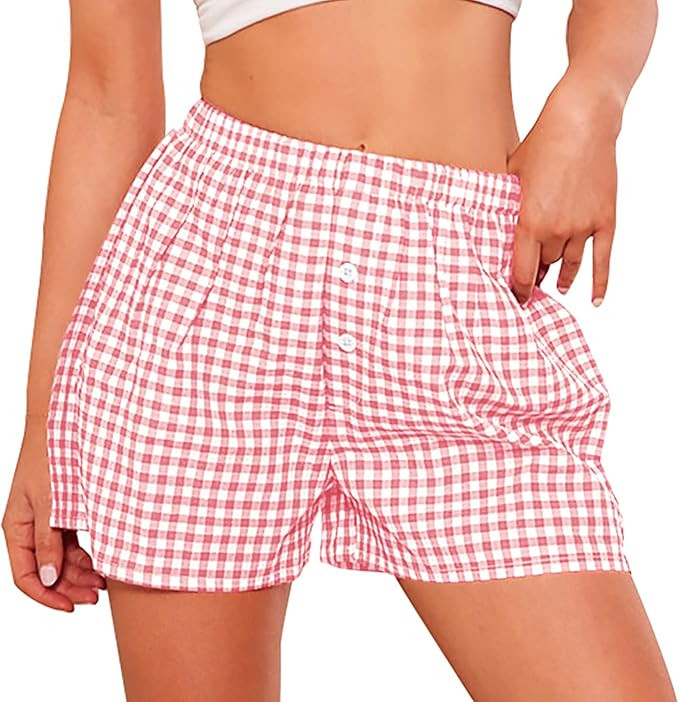 PRETTYGARDEN Womens Shorts Boxers 2026 Summer Gingham Pajama Lounge Sleep Y2K Plaid Pj Shorts Bea... | Amazon (US)