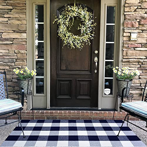 USTIDE Navy Blue and White Buffalo Check Rug 23.6"x51" Washable Hand Woven Plaid Rug Layered Outdoor Rug Runner for Kitchen Porch | Amazon (US)