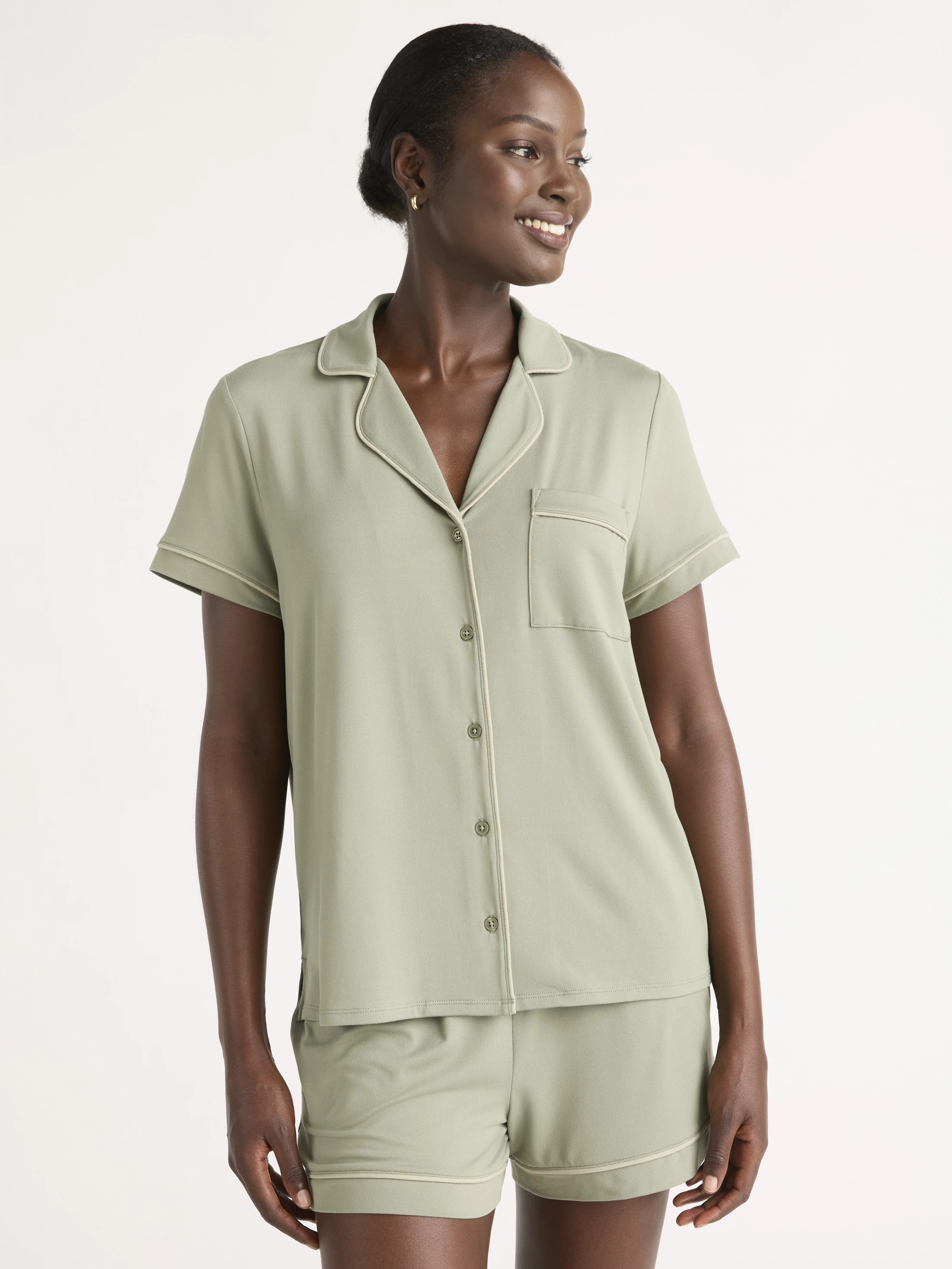 Joyspun Women’s Short Sleeve Knit Notch Collar Top and Shorts Pajama Set, 2-Piece, Sizes XS-3X | Walmart (US)