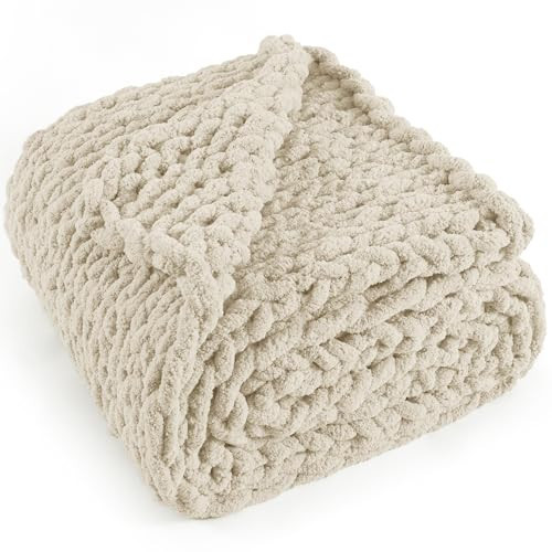 LONG CREATE Chunky Knit Throw Blanket 60"X 80", 100% Handmade with Soft Chenille Yarn, 6.7lbs Thick Cable Knitted Blankets, Large Rope Knot Crochet Throws for Couch Sofa Bed Home Decor, Beige | Amazon (US)