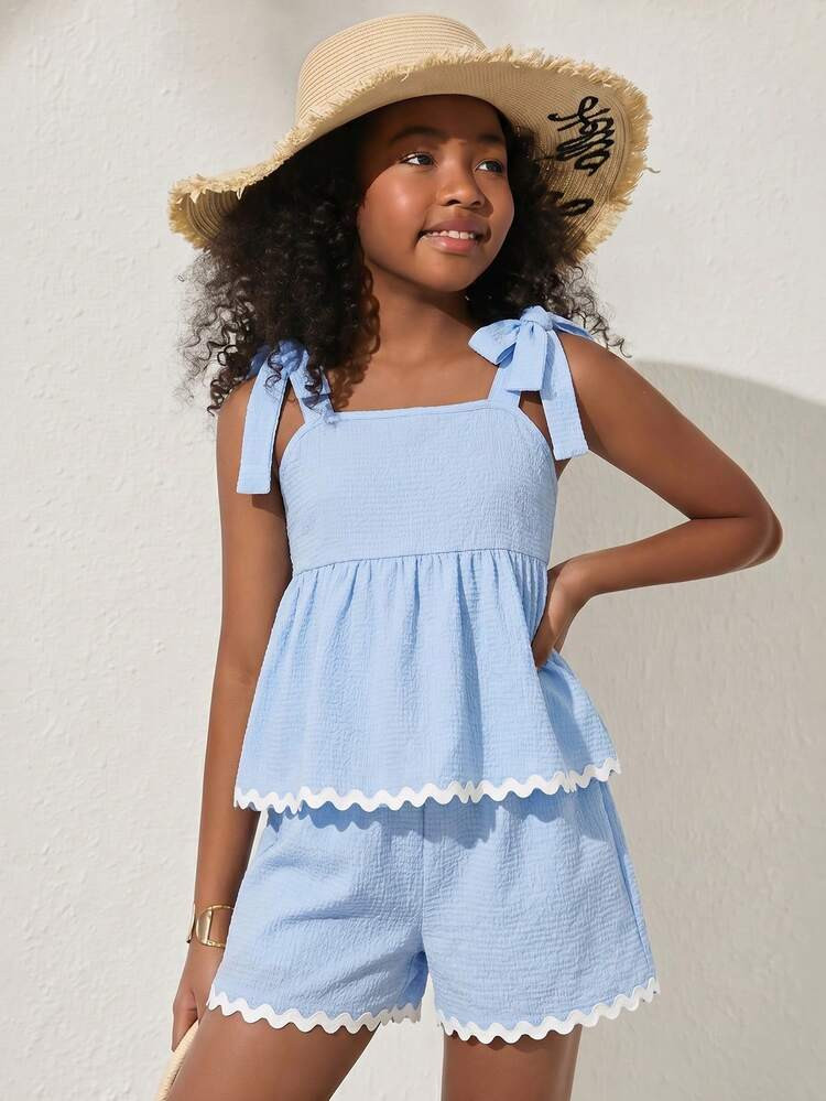 SHEIN Sparklyn Tween Girls 2pcs/Set Baby Blue Summer Outfit,Ruffled Open-Back Top With Lace-Trimm... | SHEIN