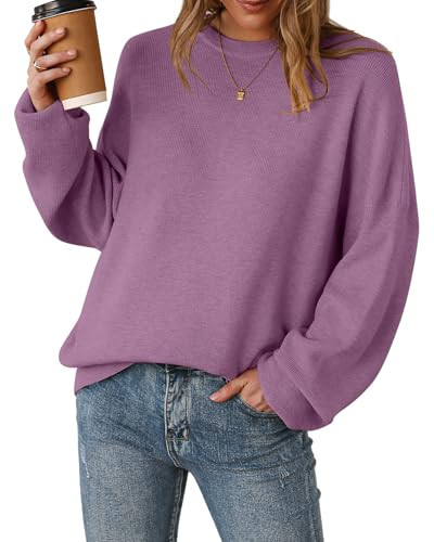 Arach&Cloz Womens Oversized Sweaters Batwing 2026 Early Spring Fashion Outfits Trendy Crewneck Cozy Long Sleeve Casual Teacher Halloween Cashmere Capsule Wardrobe Tops Winter Loose Fit Purple XL | Amazon (US)