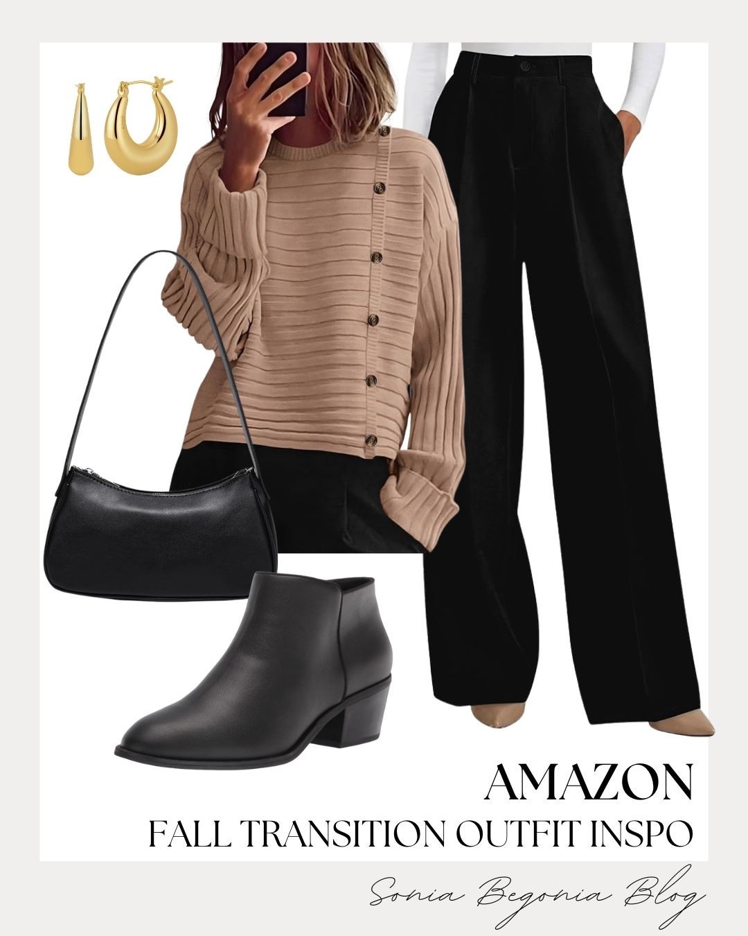 I am loving this chic transitional look for the new season! This cozy ribbed asymmetrical button-up sweater paired with black wide-leg trousers creates the ultimate sophisticated yet comfortable vibe.

I finished the look with chunky gold hoop earrings, a classic black shoulder bag, and sleek black ankle booties. ✨

#LTKstyletip #AmazonFashion #FallTransition #SweaterWeather #WideLegTrousers #AnkleBoots #ChicStyle #EverydayOutfits #SoniaBegoniaBlog

#LTKootd #LTKSeasonal