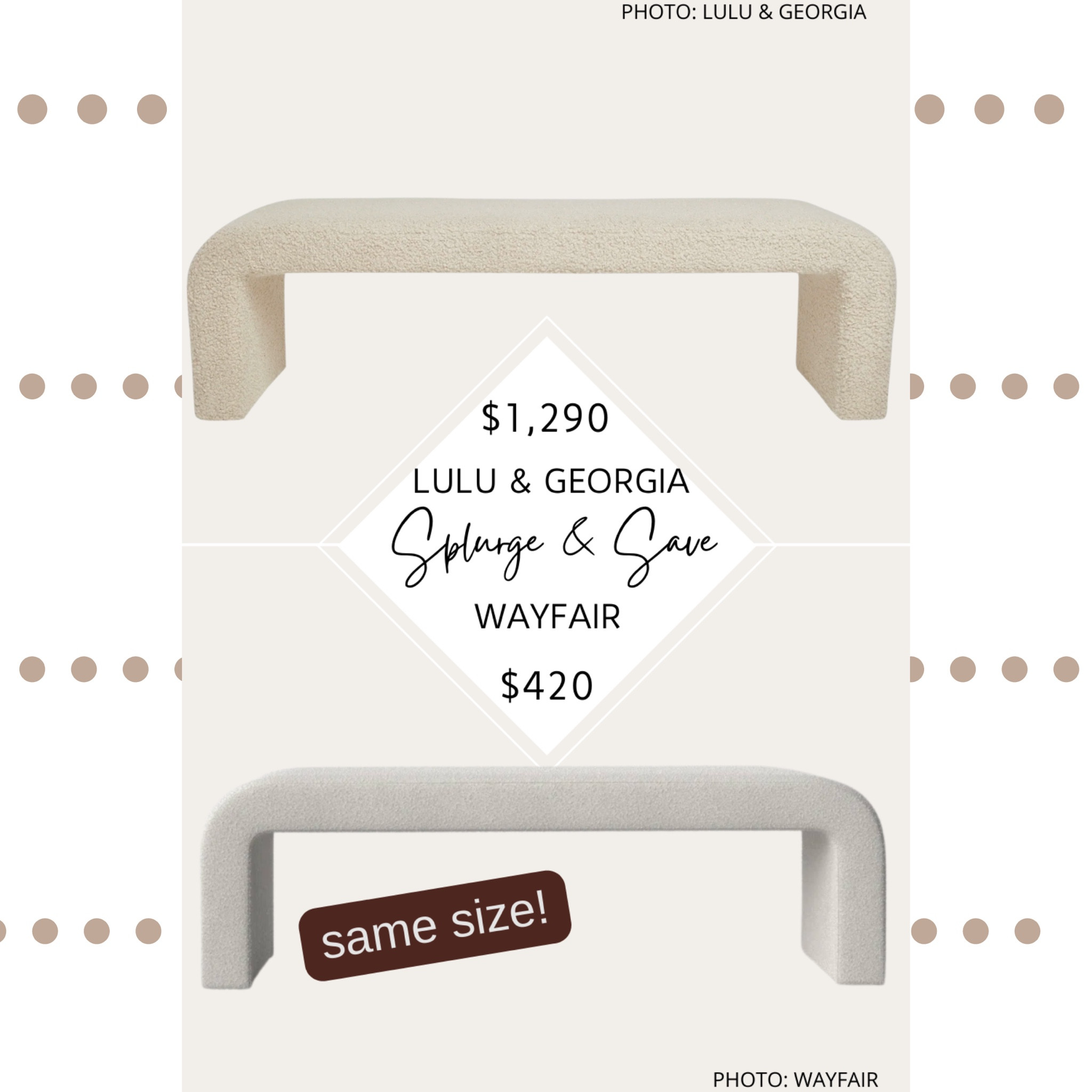 
🚨Calling all Lulu and Georgia lovers🚨 I’ve got 6 different boucle benches at 6 different price points for you! 🤩

One style, 6 products, and 6 prices. Pick the one that fits you best! 

#boucle #bench #splurgevssteal #spendandsave #lookforless #designonadime #targetfinds #targethome #decoronabudget Lulu and Georgia Tate Bench dupe. Lulu and Georgia dupes. Boucle benches. Sherpa benches. Modern benches. Arc waterfall benches.  #lookforless #homedecor #furniture #luluandgeorgia #design #sherpa #dupe #dupes #target #targethome #targetfinds #wayfair #bedroom #entryway 

#LTKhome #LTKsalealert #LTKFind