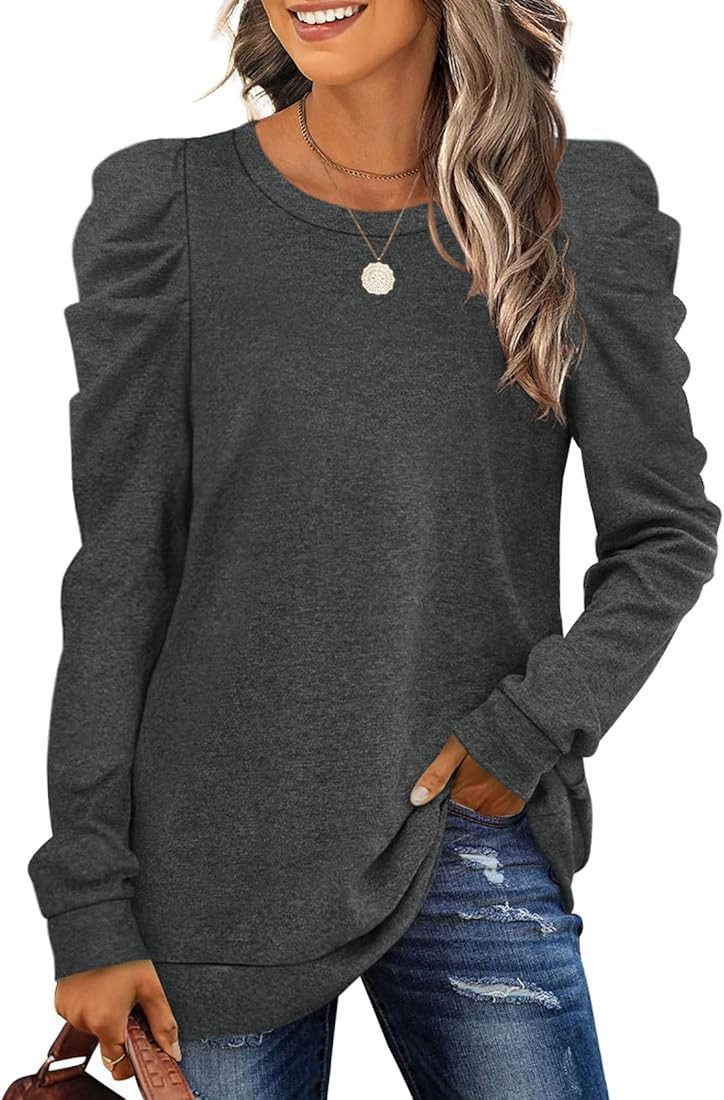 Womens Sweatshirt Crew Neck Puff Sleeve Pullover Sweaters Winter Clothes Trendy Flowy | Amazon (US)