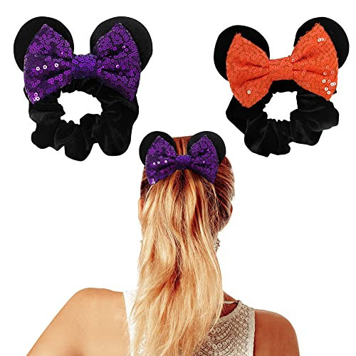 Styla Hair 2pk Velvet Scrunchies for Kids - Sparkle Sequins Hair Bands for Pony Tail Mickey Ears (Purple Orange) | Amazon (US)