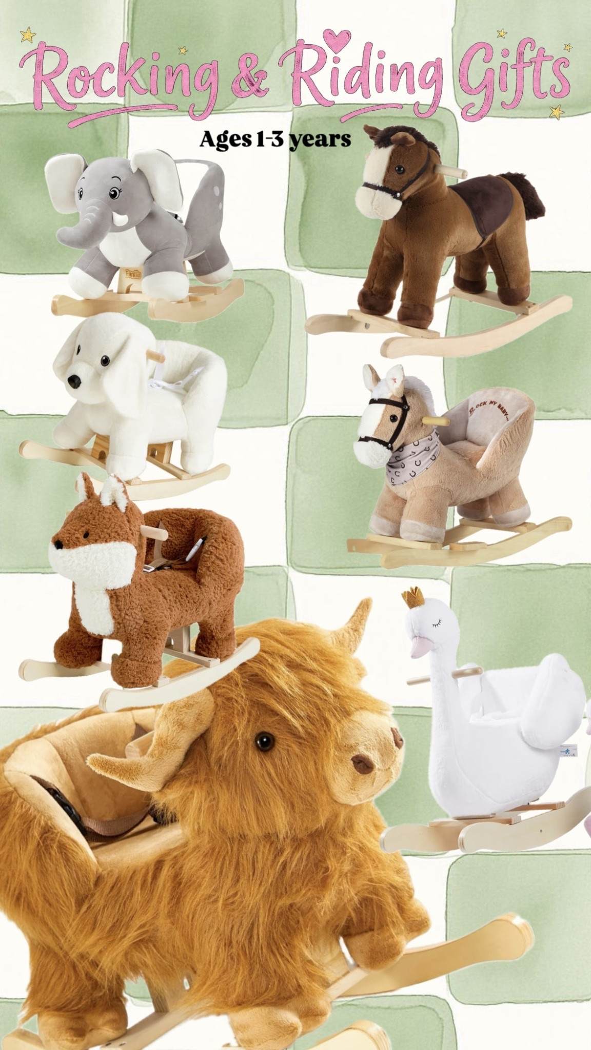 🩷 Rocking & Riding Gifts (Ages 1–3) 🩷

Soft Plush Rockers • Montessori Gifts • Toddler Ride-On Toys**

These adorable plush rocking animals are top-rated toddler gifts — perfect for gross motor development, pretend play, balance skills, and independent playtime. A cozy, safe, and magical gift idea for first birthdays, toddler Christmas gifts, milestone toys, sensory playrooms & nurseries 🎁✨

🐘 Elephant Plush Rocker
– Soft, supportive seat
– Neutral nursery aesthetic
– Great for early balance + coordination

🐴 Classic Brown Horse Rocker
– Timeless Western look
– Sturdy wooden base
– Great for imaginative play

🐶 White Puppy Rocker
– Plush + comfy design
– Supportive backrest for younger toddlers

🦊 Cozy Fox Rocker
– Trendy woodland nursery vibe
– Chunky plush texture toddlers love

🐴 Beige Horse Rocker with Bandana
– Sweet boutique-style design
– Perfect for cowboy/cowgirl play

🐂 Highland Cow Rocker
– Viral gift pick
– Ultra soft + oversized plush
– Aesthetic playroom favorite

🦢 White Swan Rocker
– Princess-themed + whimsical
– Perfect for little girls who love magic

⸻

Why these rockers are perfect gifts:

✨ Soft, secure seats for ages 1–3
✨ Develop balance, coordination, and core strength
✨ Great for imaginative + active indoor play
✨ Beautiful enough for nursery or playroom décor
✨ Safe, sturdy, long-lasting gift they’ll use daily


#LTKGiftGuide #LTKFamily #LTKBaby