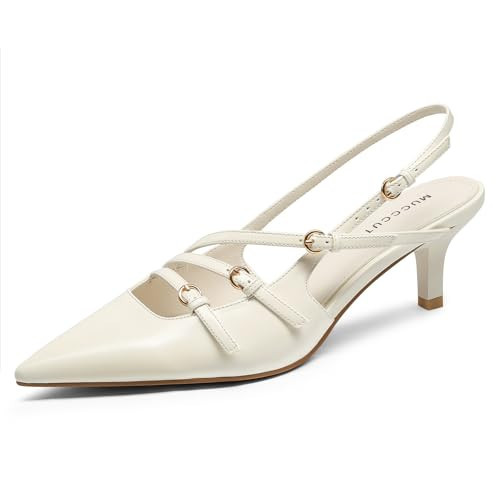 MUCCCUTE White Kitten Heels for Women Pointed Toe Slingback Pumps Low Heels with Buckle Strap Heeled Sandals Size 9.5 | Amazon (US)