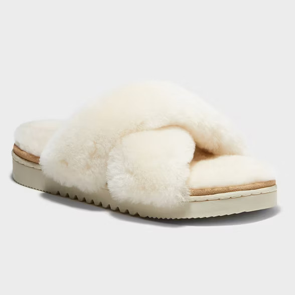 Women's dluxe by dearfoams Rossland Genuine Shearling Crossband Slippers | Target