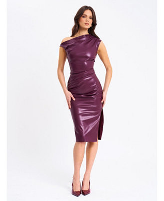 Miss Circle Women's Sabina Purple Leather Slash Neck Midi Dress - Macy's | Macy's
