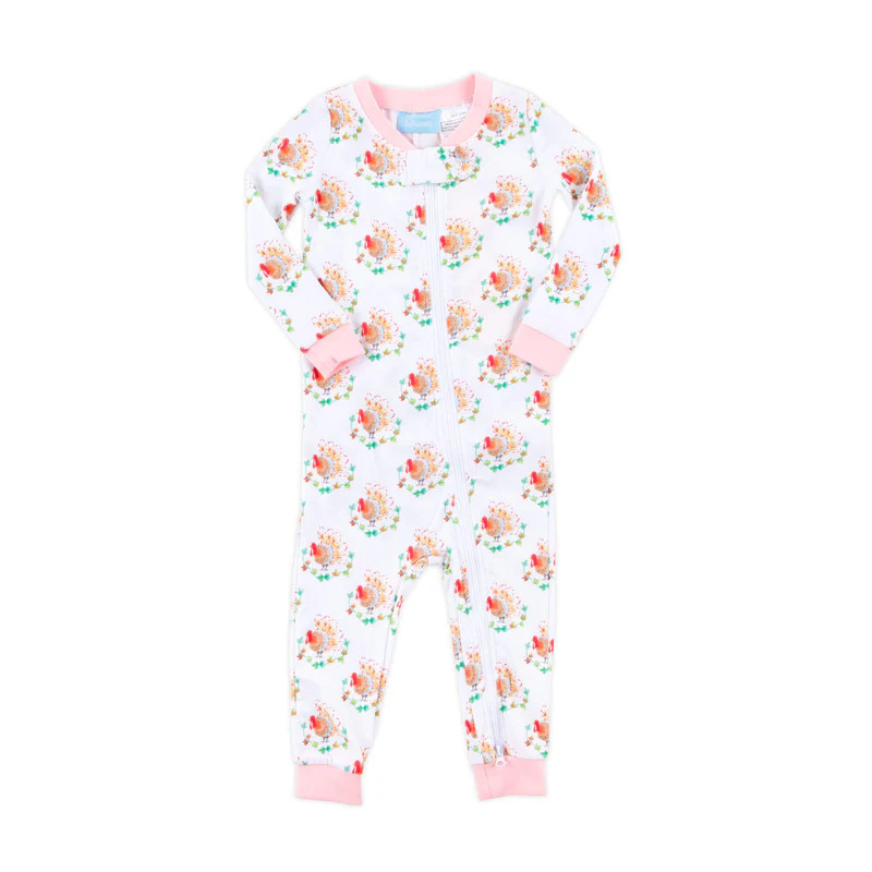 Feathery Turkey Print Pink Rib Zip Sleeper | Classic Whimsy
