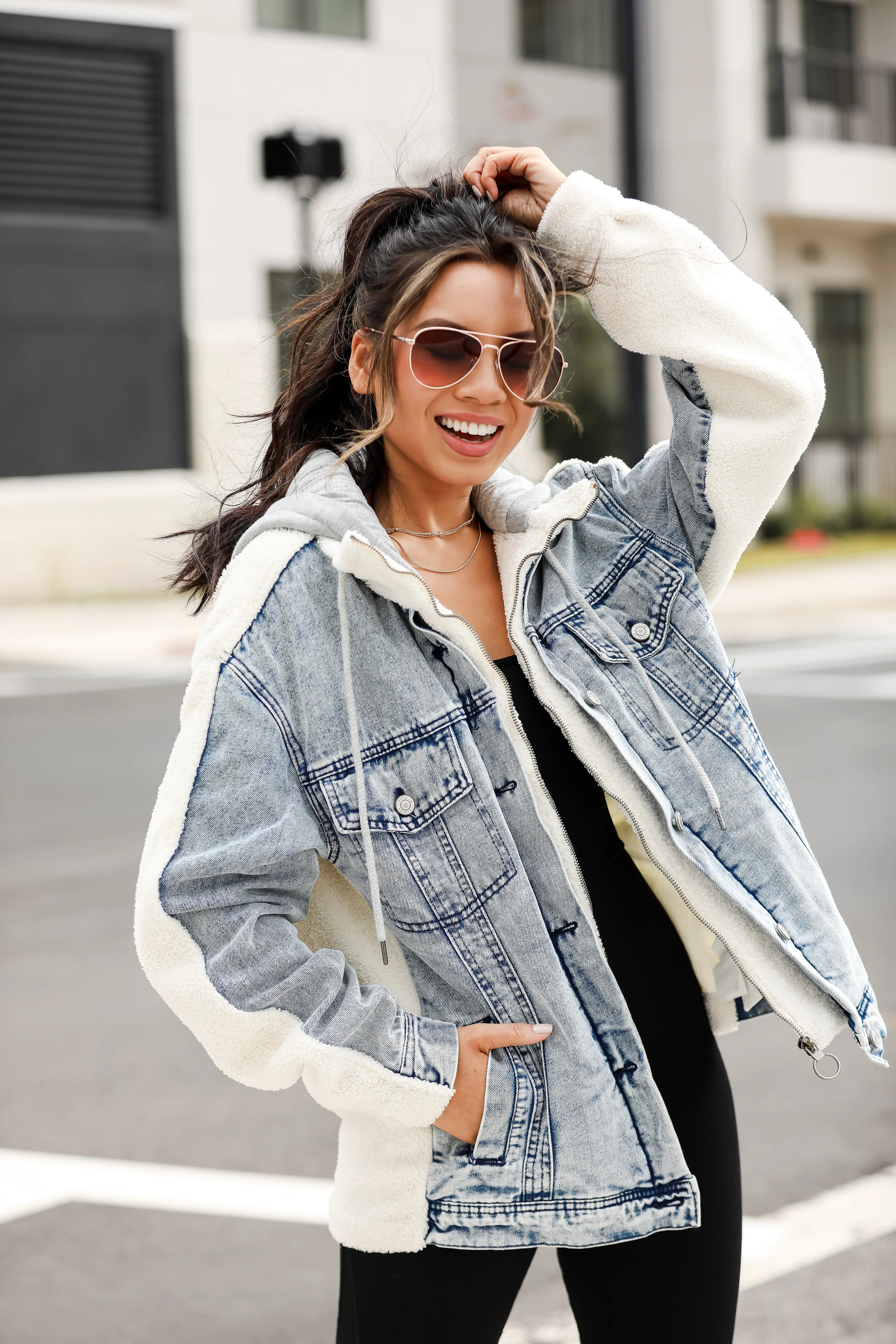 Back In Town Hooded Denim Teddy Jacket | Dress Up