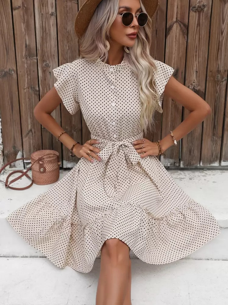 SHEIN Clasi Polka Dot Print Ruffle Hem Belted Dress | SHEIN