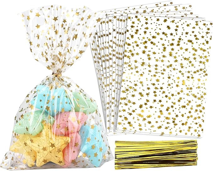 100 Pcs Star Printed 5"X 7" Gift Wrap Cello Cellophane Treat Bags Party Favor bags Clear Candy Co... | Amazon (US)