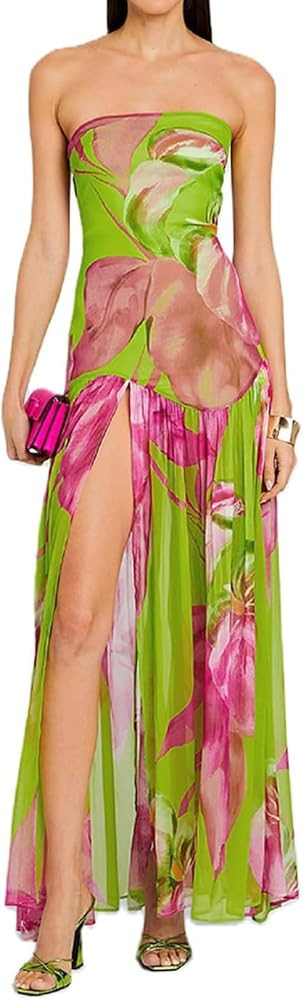 Women Tube Top Dress Tiger Stripe Mesh Patchwork Maxi Dress Strapless Sexy High Slit Long Dresses... | Amazon (US)