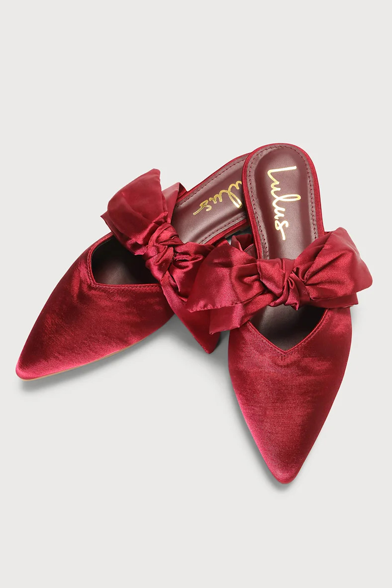 Sylviee Wine Red Satin Pointed-Toe Bow Mules | Lulus (US)