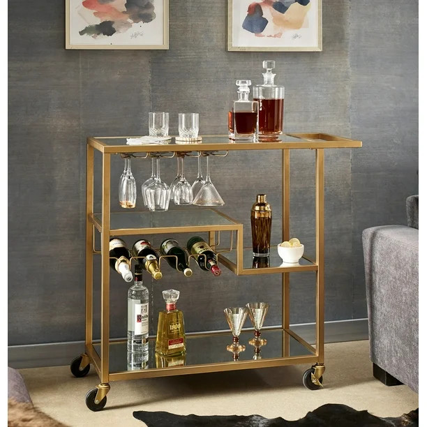 Chelsea Lane Champagne Gold Mirror Glass Metal Bar Cart - Walmart.com | Walmart (US)