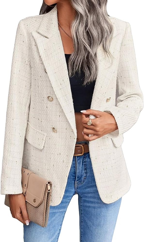 2024 Fall Tweed Blazer Jacket for Women Fashion Casual Open Front Business Elegant Work Suit Top ... | Amazon (US)