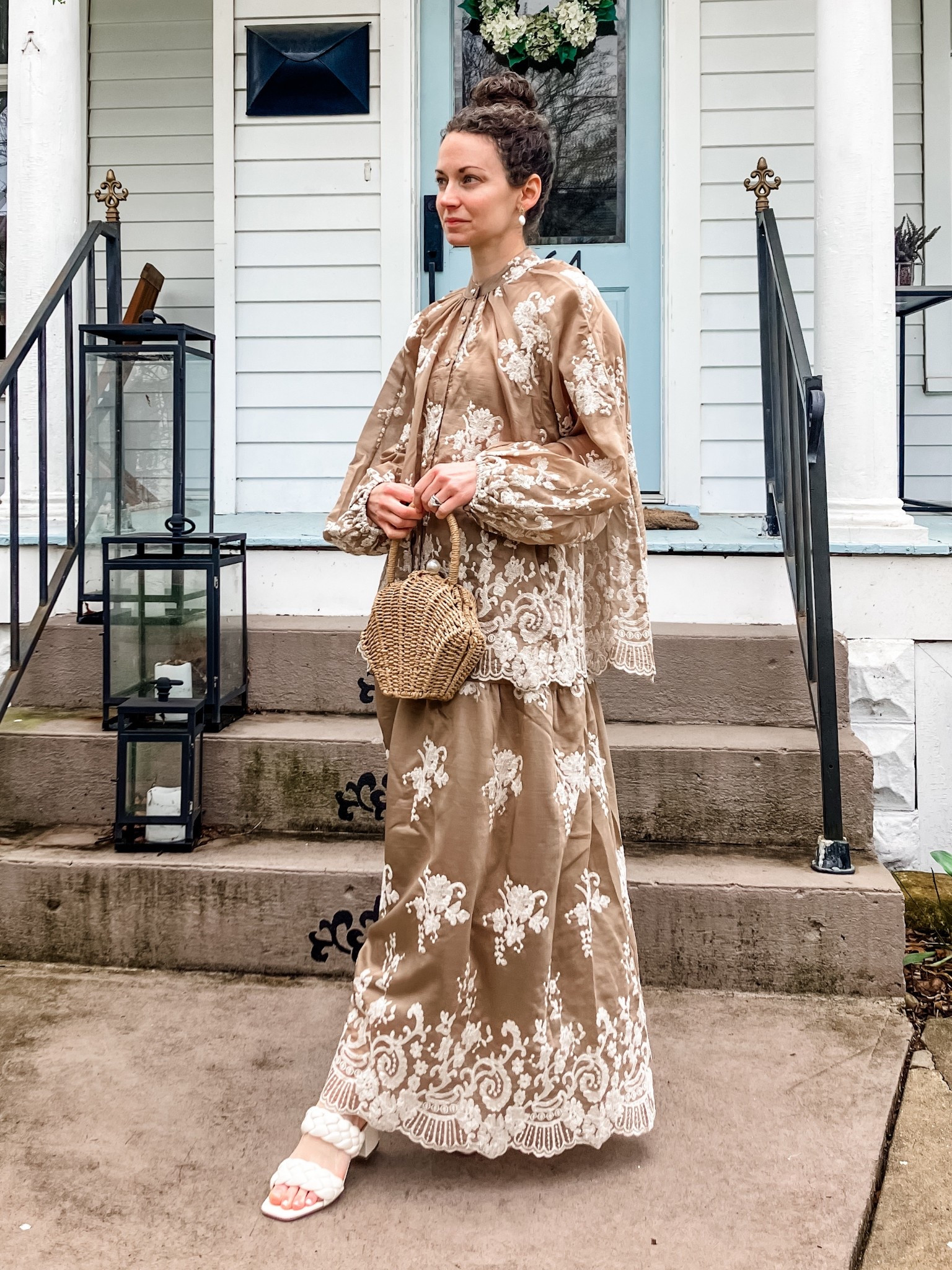 A beautiful embroidered skirt and top set!
Set from Chicwish. 
Seashell raffia bag from Chicwish. 
Block heels are old, linking similar. 
Petite outfit. Modest outfit. Spring outfit. Vacation outfit. 

#LTKOver40 #LTKmomlife #LTKSeasonal