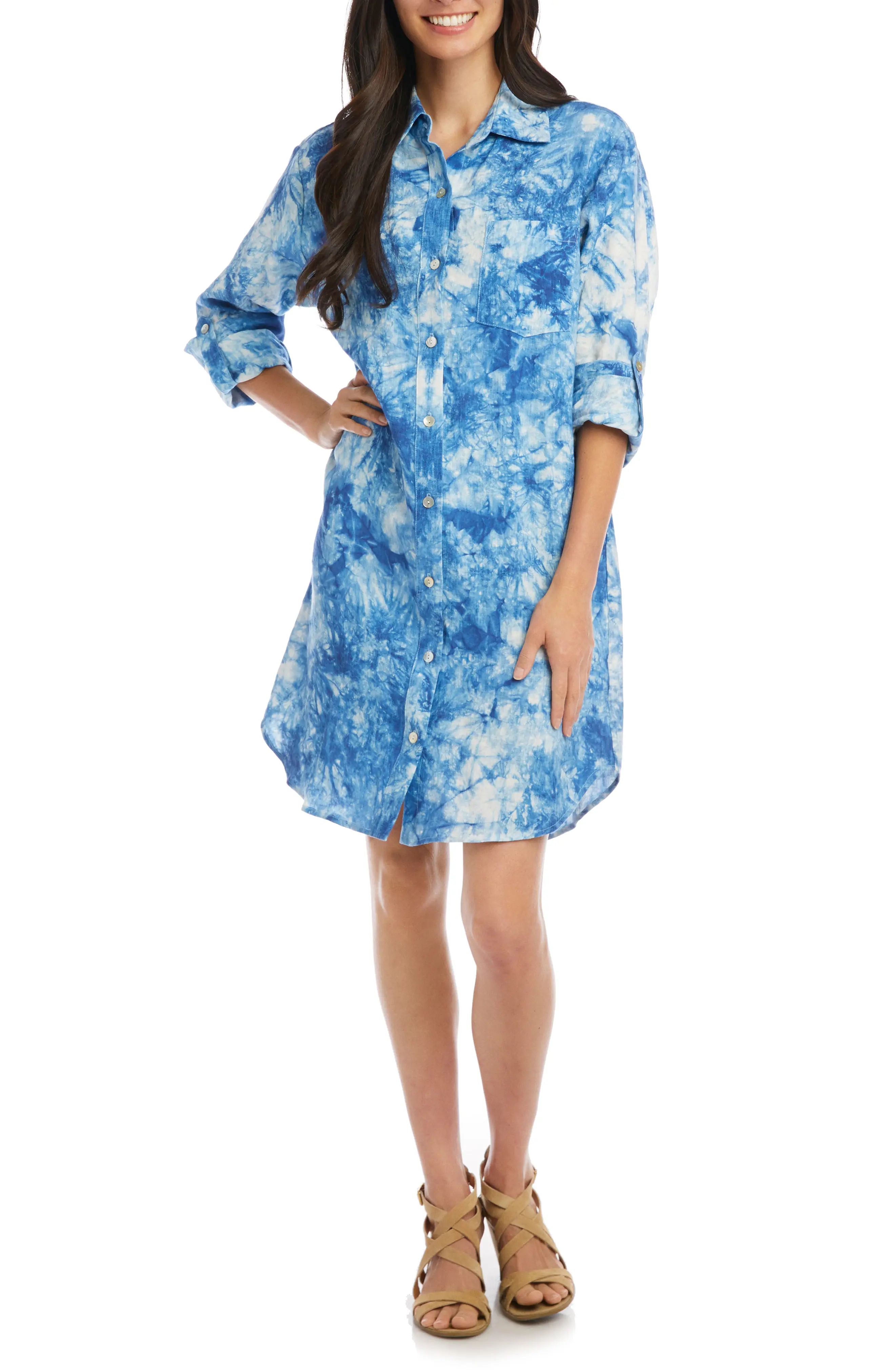 Women's Karen Kane Tie-Dye Linen Shirtdress, Size Medium - Blue | Nordstrom