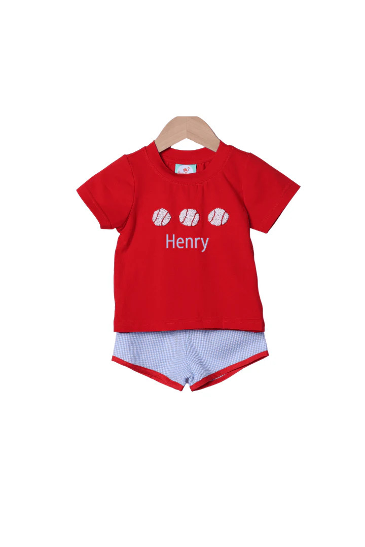 French Knot Baseball Blue Seersucker Short Set | The Smocked Flamingo