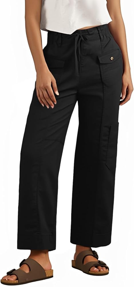Fisoew Womens 100% Cotton Cargo Pants Drawstring Elastic Waist Casual Hiking Work Pants with Mult... | Amazon (US)